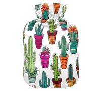 Botella calentadora de agua de cactus sobre blanco con muchas plantas en maceta, bolsa de compresión fría, calambres en bolsa de agua caliente, botella de agua caliente de forro polar