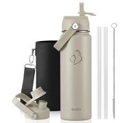 Botella de acero inoxidable aislada y hermética BUZIO de 680 ml, mantiene frío 48h, boca ancha, metálica sin BPA, cantimplora termo con 2 tapones, Beige