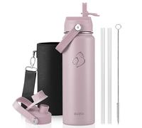 Botella de acero inoxidable aislada y hermética BUZIO de 680 ml, mantiene frío 48h, boca ancha, metálica sin BPA, cantimplora termo con 2 tapones, Lila Claro