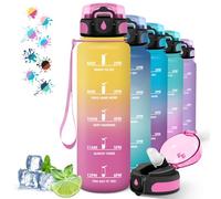 Botella de Agua 1 Litro Reutilizable con Pajita y Marca de Tiempo - A Prueba de Fugas para Cámping, Yoga, Correr y Senderismo - Amarillo-Rosa