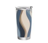 Botella de agua abstracta de acero inoxidable azul beige con tapa, tazas de viaje para bebidas calientes y frías, simplemente moderno, vaso abatible de 20 onzas