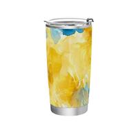 Botella de agua abstracta de acero inoxidable con tapa, diseño de flores de acuarela, amarillo limón, azul claro, taza de viaje para gimnasio, vaso de café aislado simple de 20 onzas