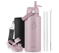 Botella de agua aislada BUZIO de 1 L, triple vacío de acero inoxidable con tapón de pajita, botella deportiva hermética para senderismo y deporte, mantiene frío 48h, Rubí Rojo/Morado