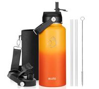 Botella de agua aislada BUZIO de 1 L, triple vacío de acero inoxidable con tapón de pajita, botella deportiva hermética para senderismo y deporte, mantiene frío 48h, Amarillo Naranja