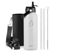 Botella de agua aislada BUZIO de acero inoxidable triple pared, mantiene frío 48h, hermética, sin BPA, boca ancha, jarra metálica con 2 tapones, Blanco