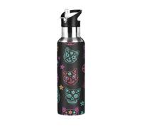 Botella de agua aislada de acero inoxidable con pajilla, 20 onzas, botella de agua deportiva sin BPA para gimnasio, al aire libre, viajes, escuela, gatos neón, calaveras, estrellas, color negro