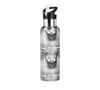 Botella de agua aislada de acero inoxidable con pajilla, 20 onzas, botellas de agua a prueba de fugas para gimnasio, al aire libre, viajes, escuela, vacas de las tierras altas, gris