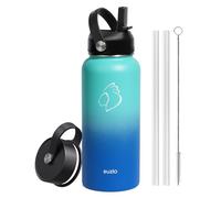Botella de agua BUZIO de 1 L, aislada con pajita, acero inoxidable metálico, 2 tapones, ideal para deporte y oficina, mantiene frío 48h y caliente 24h, Karibikblau