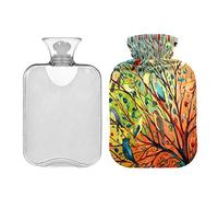 Botella de agua caliente 2 L con cubierta, árbol pájaro pintura al óleo bolsa de agua caliente para aliviar el dolor manos pies calentador invierno