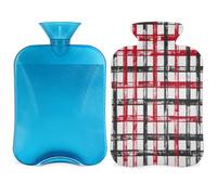 Botella de agua caliente a cuadros rojos y negros con cubierta, bolsa de agua caliente transparente de 2 l para compresas frías calientes, calentador de manos, alivio del dolor de cuello y hombros