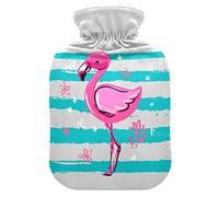 Botella de agua caliente a rayas de flamenco rosa con cubierta suave y cálida para cama de invierno, cuello y hombros, 1 L