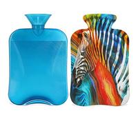 Botella de agua caliente abstracta de cebra arcoíris con funda esponjosa, bolsa de agua caliente de gran capacidad de 2 litros, bolsa de agua para botellas de cebra para noches acogedoras, alivio del