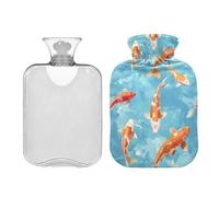 Botella de agua caliente azul cielo con peces rojos con bonita funda, bolsa de agua caliente reutilizable de 2 litros para calambres menstruales, cuello, hombros, alivio del dolor de espalda,