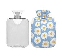 Botella de agua caliente azul de manzanilla blanca con tapa, bolsa de agua caliente transparente, botella de agua caliente de 1 litro para aliviar el dolor de cuello y hombros, calentador de pies y manos, terapia fría y caliente