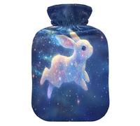 Botella de agua caliente azul noche estrellada de conejo enano estilo kawaii con cubierta suave, bolsa de compresión caliente de 2 L para alivio del dolor de cuello y hombros, alivio del dolor de