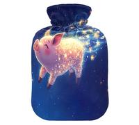 Botella de agua caliente azul noche estrellada estilo kawaii con funda suave, compresa cálida de 2 L para calentador de abdomen, calentador de abdomen