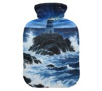 Botella de agua caliente azul oscuro con diseño de faro de olas de mar con cubierta suave, compresa cálida de 2 litros para calentador de cuello y hombros