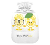 Botella de agua caliente, bolsa de agua caliente grande de 2 litros con cubierta de felpa suave de limón, linda sonrisa, tapón de rosca a prueba de fugas, mejor para deportes de invierno al aire