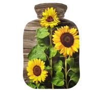 Botella de agua caliente, bolsa de agua caliente grande de 2 litros con cubierta de felpa suave, girasoles florales en tablero de madera, tapón de rosca a prueba de fugas, mejor para deportes de