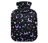 Botella de agua caliente, bolsa de agua caliente grande de 2 litros con cubierta de felpa suave, media luna y estrellas, tapón de rosca a prueba de fugas, ideal para deportes de invierno al aire