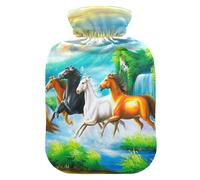 Botella de agua caliente, bolsa de agua caliente grande de 2 litros con cubierta de felpa suave, pintura de caballo, tapón de rosca a prueba de fugas, ideal para deportes de invierno al aire libre,