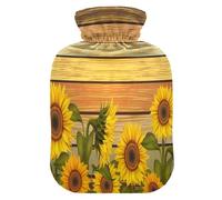 Botella de agua caliente, bolsa de agua caliente pequeña de 1 litro con cubierta cálida de felpa suave, girasoles amarillos florales y hojas, tapón de rosca a prueba de fugas, mejor para deportes de