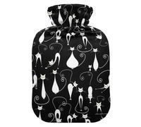 Botella de agua caliente, bolsa de agua caliente pequeña de 1 litro con cubierta cálida de felpa suave, gatos blancos sobre negro, tapón de rosca a prueba de fugas, mejor para deportes de invierno al