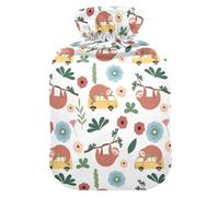 Botella de agua caliente, bolsa de agua caliente pequeña de 1 litro con cubierta de calentador de felpa suave, lindo perezoso y coche, tapón de rosca a prueba de fugas, mejor para deportes de invierno