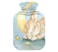 Botella de agua caliente, bolsa grande de agua caliente de 2 litros con cubierta de felpa suave, diseño de conejo y luna durmiendo, tapón de rosca a prueba de fugas, ideal para deportes de invierno al