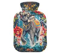 Botella de agua caliente, bolsa grande de agua caliente de 2 litros con cubierta de felpa suave, elefante de flores de mar, tapón de rosca a prueba de fugas, ideal para deportes de invierno al aire