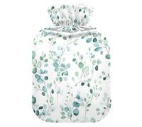 Botella de agua caliente, bolsa grande de agua caliente de 2 litros con cubierta de felpa suave, hoja de eucalipto de acuarela, tapón de rosca a prueba de fugas, ideal para deportes de invierno al
