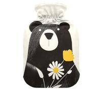 Botella de agua caliente, bolsa grande de agua caliente de 2 litros con cubierta de felpa suave, lindas flores de oso pequeño, tapón de rosca a prueba de fugas, ideal para deportes de invierno al aire