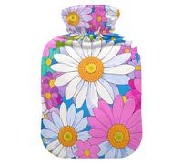 Botella de agua caliente, bolsa grande de agua caliente de 2 litros con cubierta de felpa suave, margaritas florales coloridas, tapón de rosca a prueba de fugas, ideal para deportes de invierno al