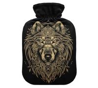 Botella de agua caliente, bolsa grande de agua caliente de 2 litros con cubierta de felpa suave Wolf Boho, tapón de rosca a prueba de fugas, ideal para deportes de invierno al aire libre, espalda,