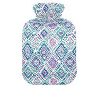 Botella de agua caliente, bolsa pequeña de agua caliente de 1 litro con cubierta de felpa suave geométrica Boho, tapón de rosca a prueba de fugas, ideal para deportes de invierno al aire libre,