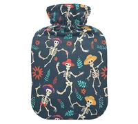 Botella de agua caliente, bolsa pequeña de agua caliente de 1 litro con cubierta de felpa suave para calentar el esqueleto bailando fantasma, tapón de rosca a prueba de fugas, ideal para deportes de