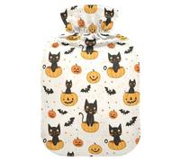 Botella de agua caliente, bolsa pequeña de agua caliente de 1 litro con cubierta de felpa suave para calentar gatos negros, calabazas, tapón de rosca a prueba de fugas, ideal para deportes de invierno