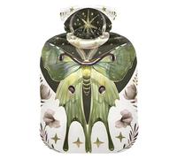 Botella de agua caliente, bolsa pequeña de agua caliente de 1 litro con cubierta de felpa suave para calentar calavera, luna, polilla, arte, tapón de rosca a prueba de fugas, ideal para deportes de