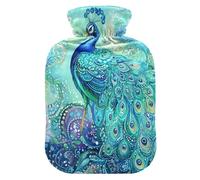 Botella de agua caliente, bolsa pequeña de agua caliente de 1 litro con cubierta de felpa suave para calentar pavo real, plumaje vibrante con flores, cachemira, tapón de rosca a prueba de fugas, ideal