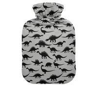 Botella de agua caliente, bolsa pequeña de agua caliente de 1 litro con cubierta de felpa suave para calentar siluetas de dinosaurios negros, tapón de rosca a prueba de fugas, ideal para deportes de