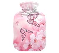 Botella de agua caliente, bolsa pequeña de agua caliente de 1 litro con cubierta de felpa suave para calentar mariposas y cerezos, tapón de rosca a prueba de fugas, ideal para deportes de invierno al
