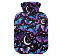 Botella de agua caliente, bolsa pequeña de agua caliente de 1 litro con funda cálida de felpa suave, morado neón y murciélagos estrellas y lunas, tapón de rosca a prueba de fugas, ideal para deportes