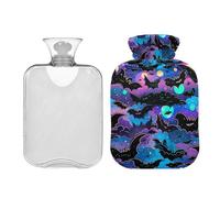 Botella de agua caliente clásica grande de 2 litros con tapa, murciélagos de Halloween, bolsas de agua caliente transparente para compresión caliente y fría, calambres de abdomen, cuello y hombros,