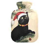 Botella de agua caliente colgante de gato negro con cubierta suave calentador de pies con funda suave bolsa de agua caliente para calambres menstruales, 1 litro