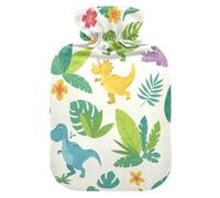 Botella de agua caliente colorida con diseño de dinosaurios de la selva con cubierta suave, calentador de pies con funda suave, bolsa de agua caliente para calambres menstruales, tamaño mediano