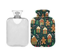 Botella de agua caliente con bonita cubierta, bolsa de agua caliente duradera de pan de jengibre de Navidad, botella de agua caliente para aliviar el dolor, calentador de manos y pies, 2 litros