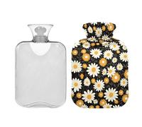 Botella de agua caliente con bonita cubierta, margaritas blancas y amarillas, bolsa de agua caliente duradera para aliviar el dolor, manos y pies, terapia caliente, 2 litros