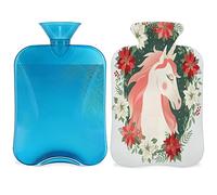 Botella de agua caliente con cabeza de unicornio floral con funda esponjosa, 2 L, gran capacidad, bonita botella de unicornio para noches acogedoras, alivio del dolor, espalda, cuello y hombros