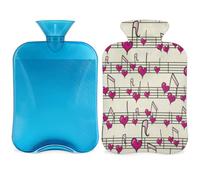 Botella de agua caliente con cubierta de 2 L, bolsa de agua caliente con notas de música Love Heart para calentar la cama alivio del dolor de período, funda de botella de agua caliente con impresión