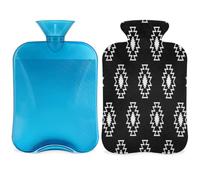 Botella de agua caliente con cubierta de 2 L, bolsa de agua caliente negra geométrica étnica para calentamiento de la cama/alivio del dolor de período, funda de botella de agua caliente estilo boho
